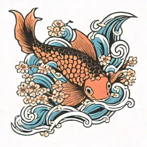 A Traditional Japanese Koi Fish Swimming Among Cherry Blossoms And Waves