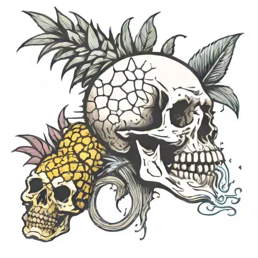 Skull With Waterfall Flowing Out Of Mouth And A Cracked Head With A Pineapple Coming Out
