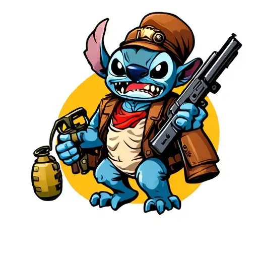 Angry Stitch Holding Grenade In One Hand And Machine Gun In The Other