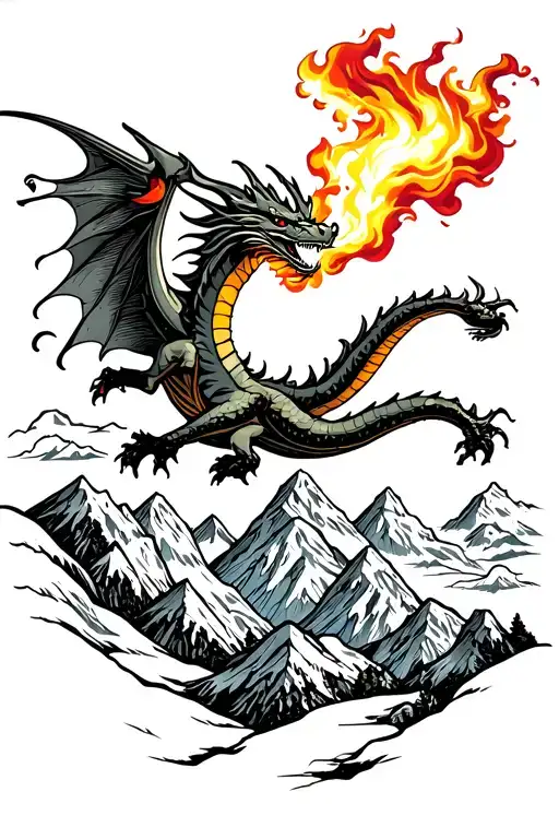 Dragon Flying And Breathing Fire Over Mountains