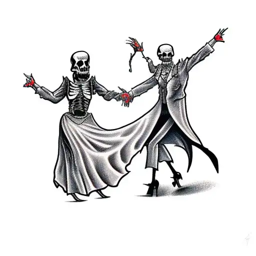 The Grim Reaper Dancing With A Woman In Front Of A Coffin