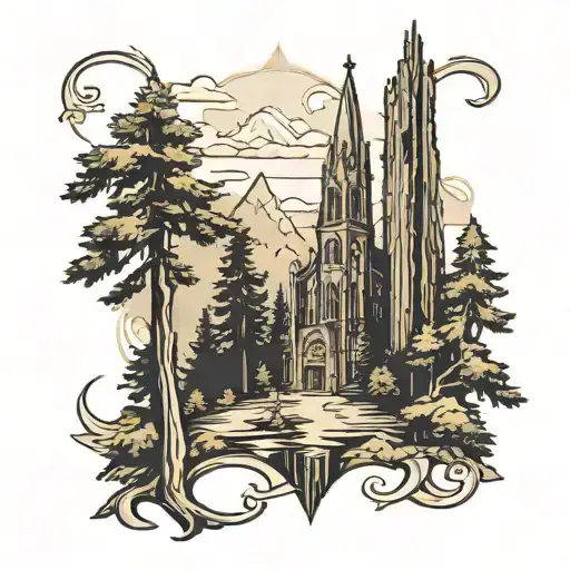 A Redwood Forest Scene With A Catholic Cathedral Nestled Among The Trees