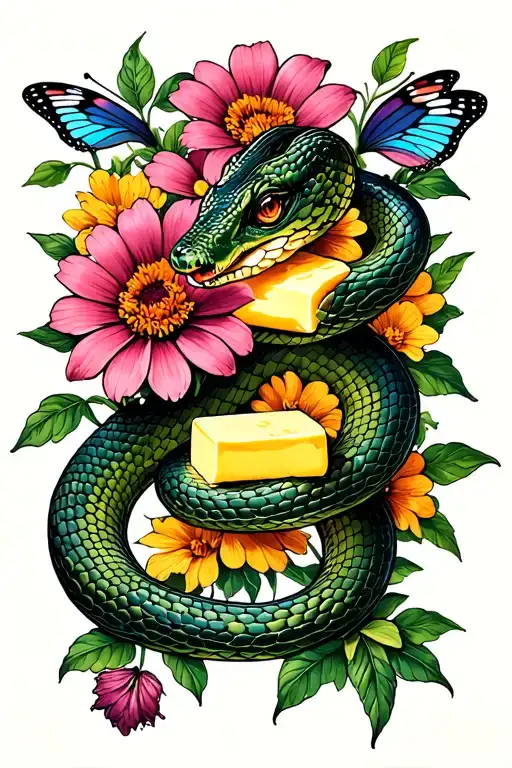 Snake In Flowers Surrounding With Butter Fly Coming