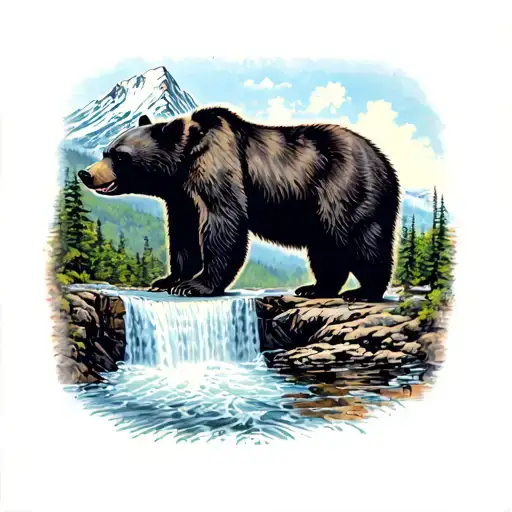 Black Bear With Mount Edith Cavell In Background And Wentworth Falls Waterfall In Foreground