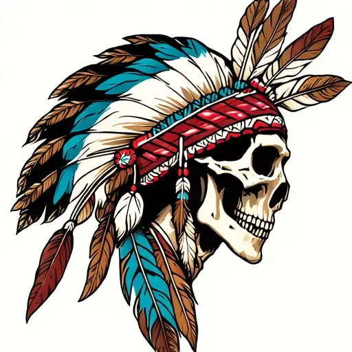 Side Profile Tradition Skeleton With American Indian Feathers On Head
