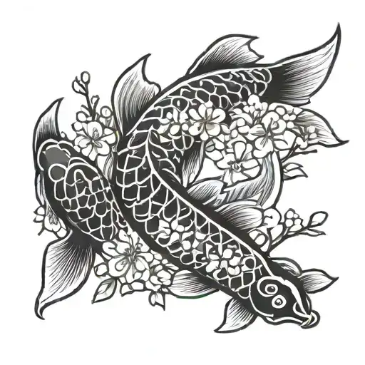 Cherry Blossoms Intertwined With Koi Fish In A Traditional Japanese Style