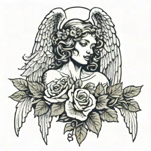 Angel Wings Woman With Tear Holding Roses And Wreath Entwined With Chain