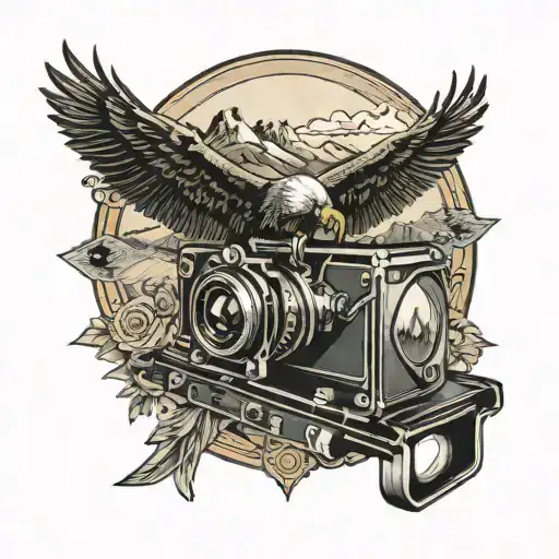 Vintage Camera With Mountains And A Soaring Bald Eagle