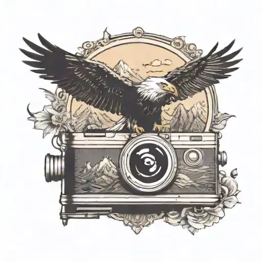 Vintage Camera With Mountains And A Soaring Bald Eagle