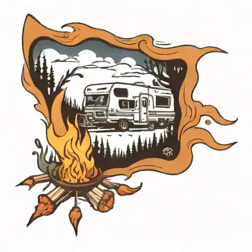 Rv Camping Scene With Family Around A Campfire Surrounded