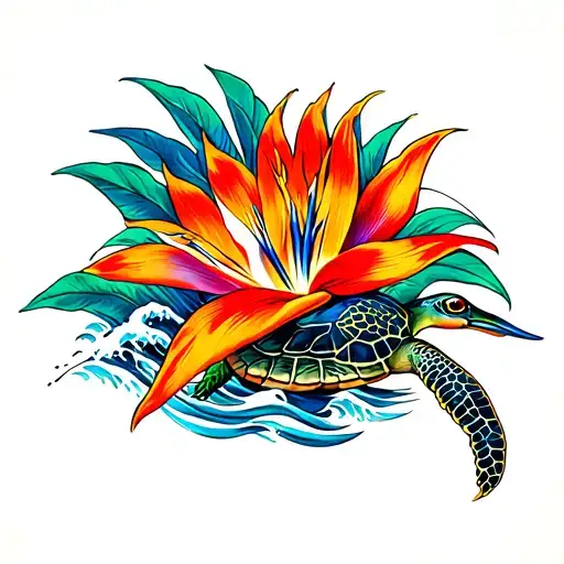 Birds Of Paradise Flower With Turtle & Waves
