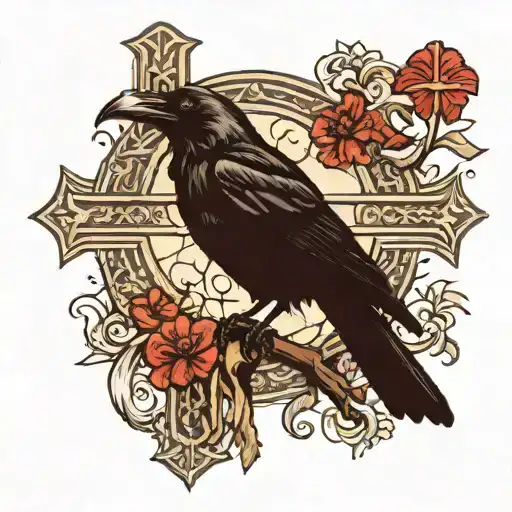 Raven In Front Of Christian Cross