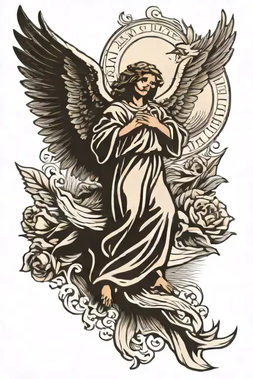 Bible Scripture With Angel And Doves Flying With Sun