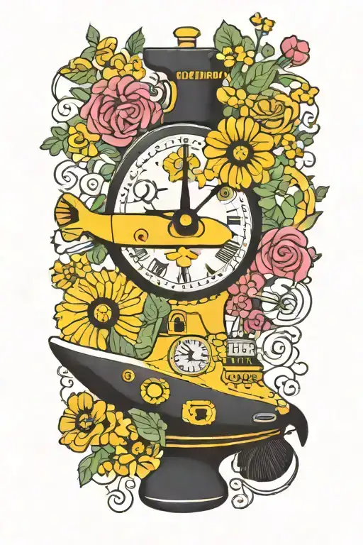 Yellow Submarine With Flowers And Clock