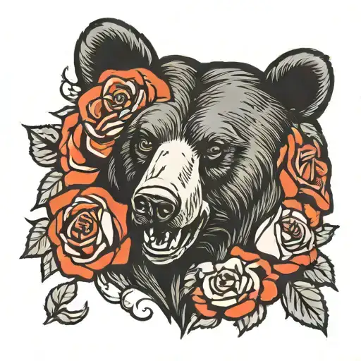 Black Bear Head And Roses