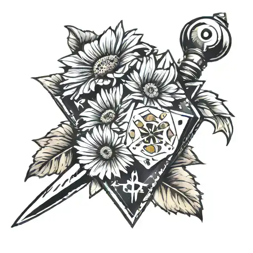 D20 Dice With Gerbera Daisies And A Knife
