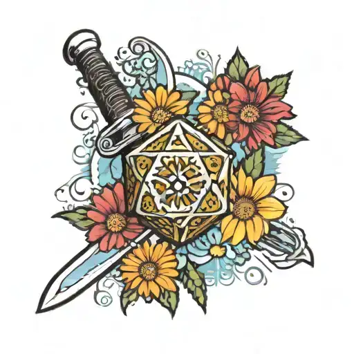 D20 Dice With Colorful Gerbera Daisies And A Sword Behind Them