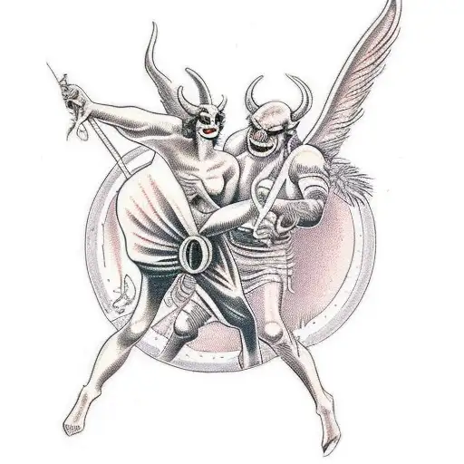 Demon And Angel Fighting Shoulder To Shoulder