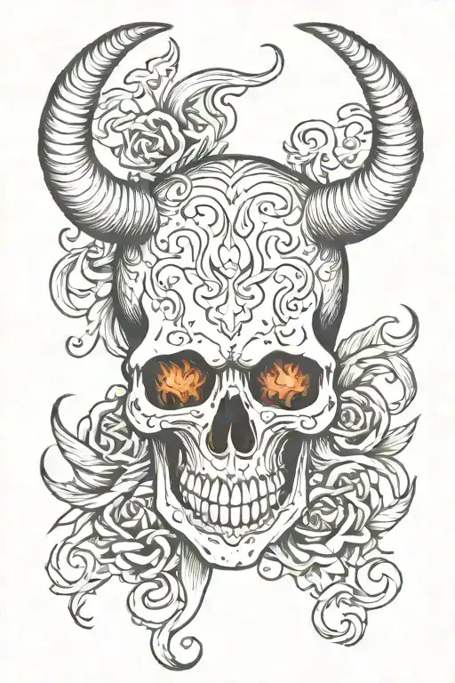 Skull With Horns And Flames