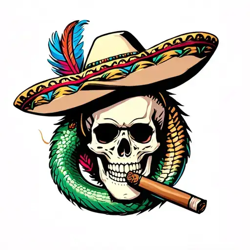 Skull Wearing Sombrero Smoking Cigar With Feathered Serpent