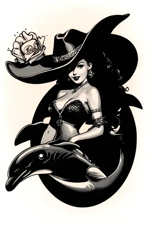 Sexy Dolphin With A Cowboy Hat Near A Pinup Girl