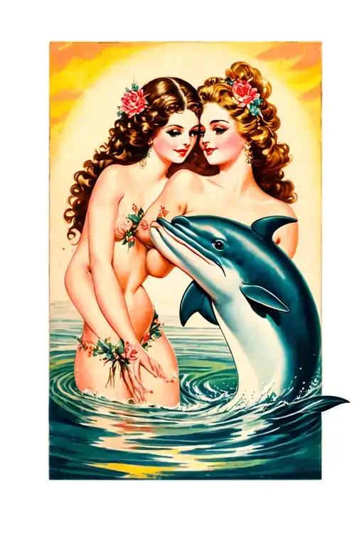 Sexy Dolphin Swimming Together With Gorgeous Lady