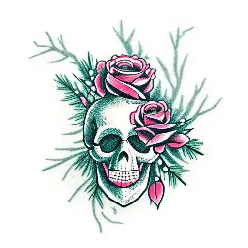 Skull And Roses With Pine Trees