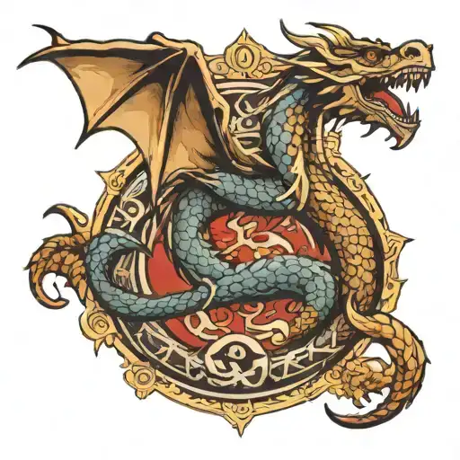 A Traditional Tattoo Design Featuring A Mythical European Dragon Intertwined With Historical Symbols