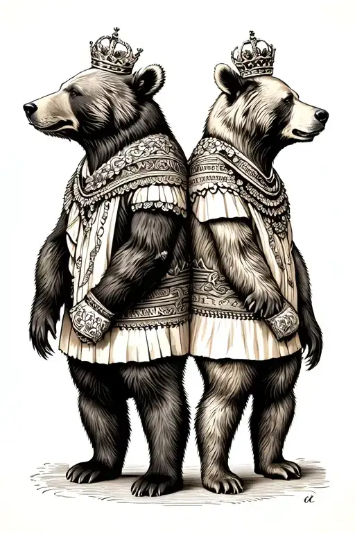 Bear Standing Back To Back Tattoo With Queen