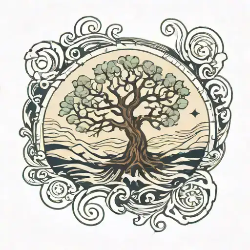 A Tree Of Life Intertwined With Ocean Waves And Celestial Bodies
