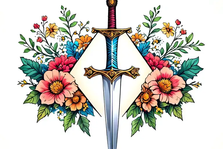 Triangle With A Sword And Flowers Surround