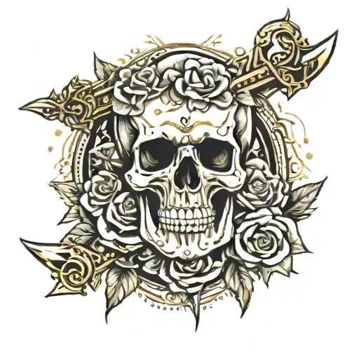 A Gold Jewelry Adorned Skull Surrounded By Roses And Weapons