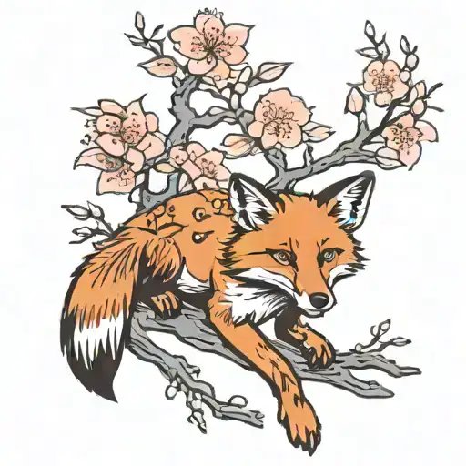 A Fox With Cherry Blossom Tree Branch