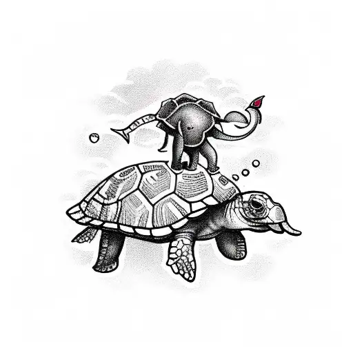Elephant Riding On A Sea Turtle With Flowers
