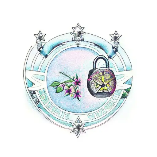Line Tattoo Padlock With The Letter S Embossed Surrounded By Small Stargazer Lilies