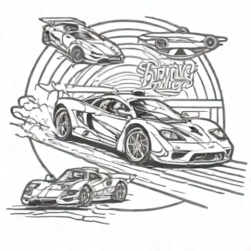 Design A Sketch-style Tattoo Of A Dynamic Race Track With A Mclaren F1 Car Speeding Through