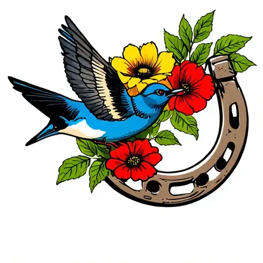 Old School Horseshoe With Flowers And A Swallow