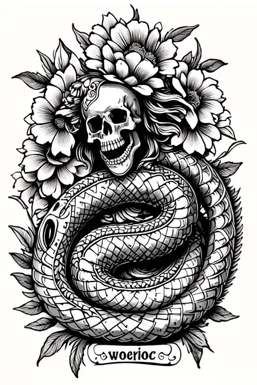 Aztec Serpent God With Flowers And Skulls Surrounded