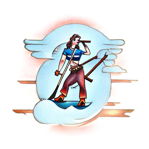 Woman Holding An Ax And A Shield With A Cross On It While On Mythical Horse Riding Over A Sunset