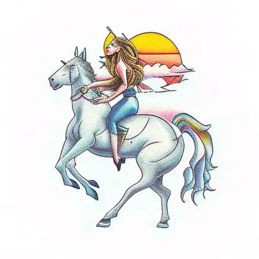 Woman Riding A Mythical Horse Over A Sunset