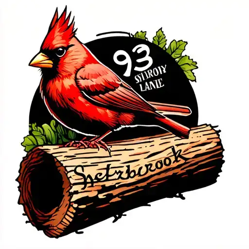 Cardinal Sitting On Top Of A Log That Says 93 Sherbrook Lane