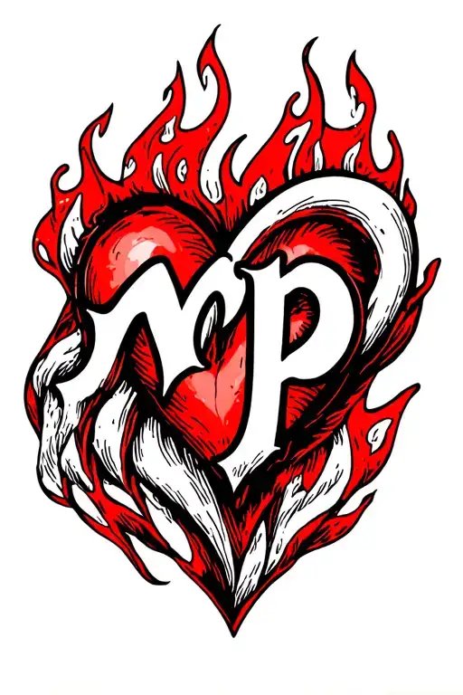 Heart With Letters M And P In The Flame