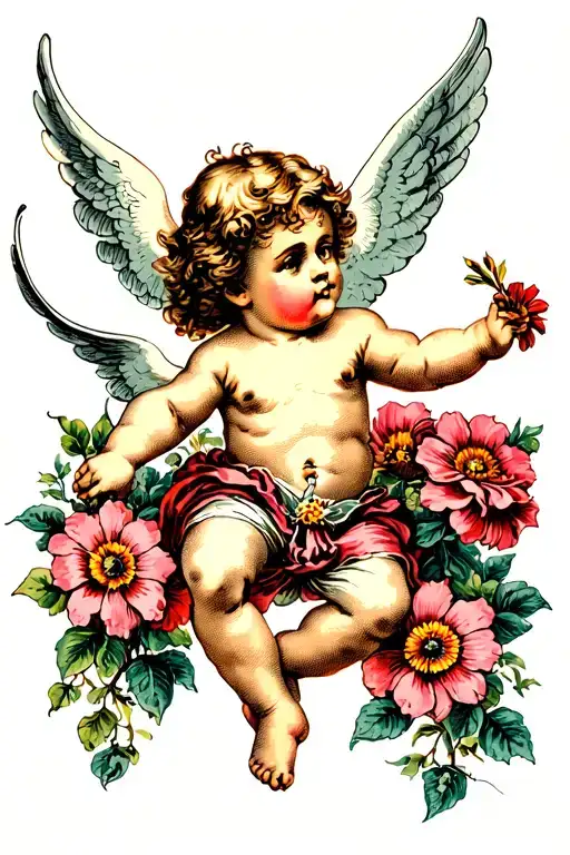 Cherub With Wings Blowing Flowers