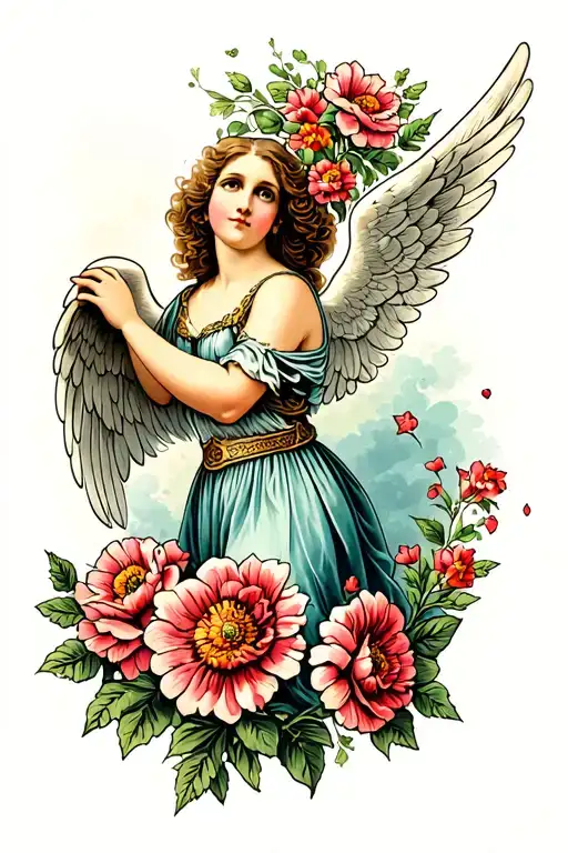 Heavely Angel With Wings Blowing Flowers