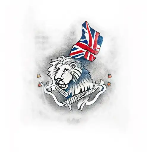 English Lion Protecting A British Flag