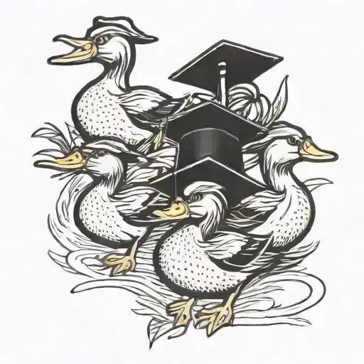 A Traditional Tattoo Of A Group Of Ducks Wearing Graduation Caps