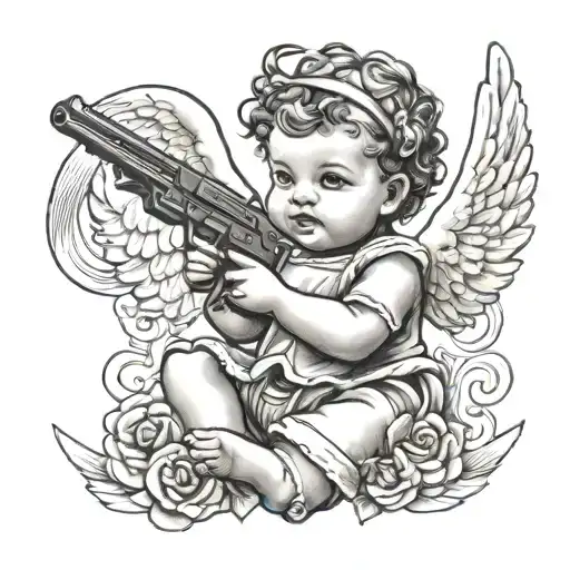 Baby Angel And Gun Flying