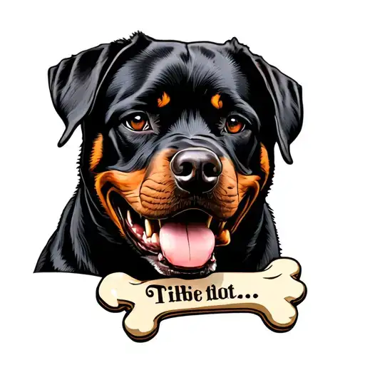 A Rottweiler With A Bone In Its Teeth And A Titbit Sign Next To It