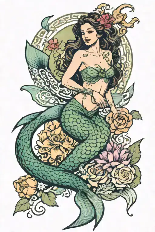 A Traditional Tattoo Of A Celtic Mermaid Surrounded By Sea Creatures And Flowers