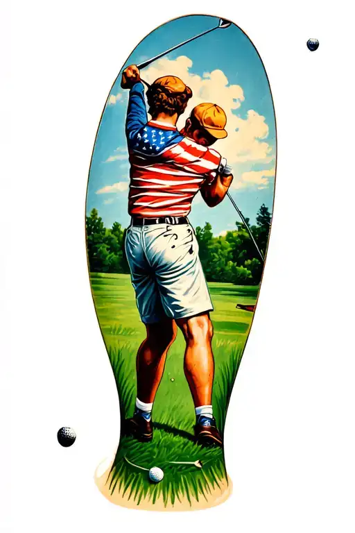 Someone Swinging A Golf Club On One Calf Then A Green On Another